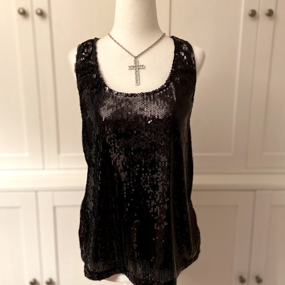 ** 3 FOR $35 DEAL + FREE SHIPPING** Material Girl Black Sequins Racerback Tank - Picture 1 of 7